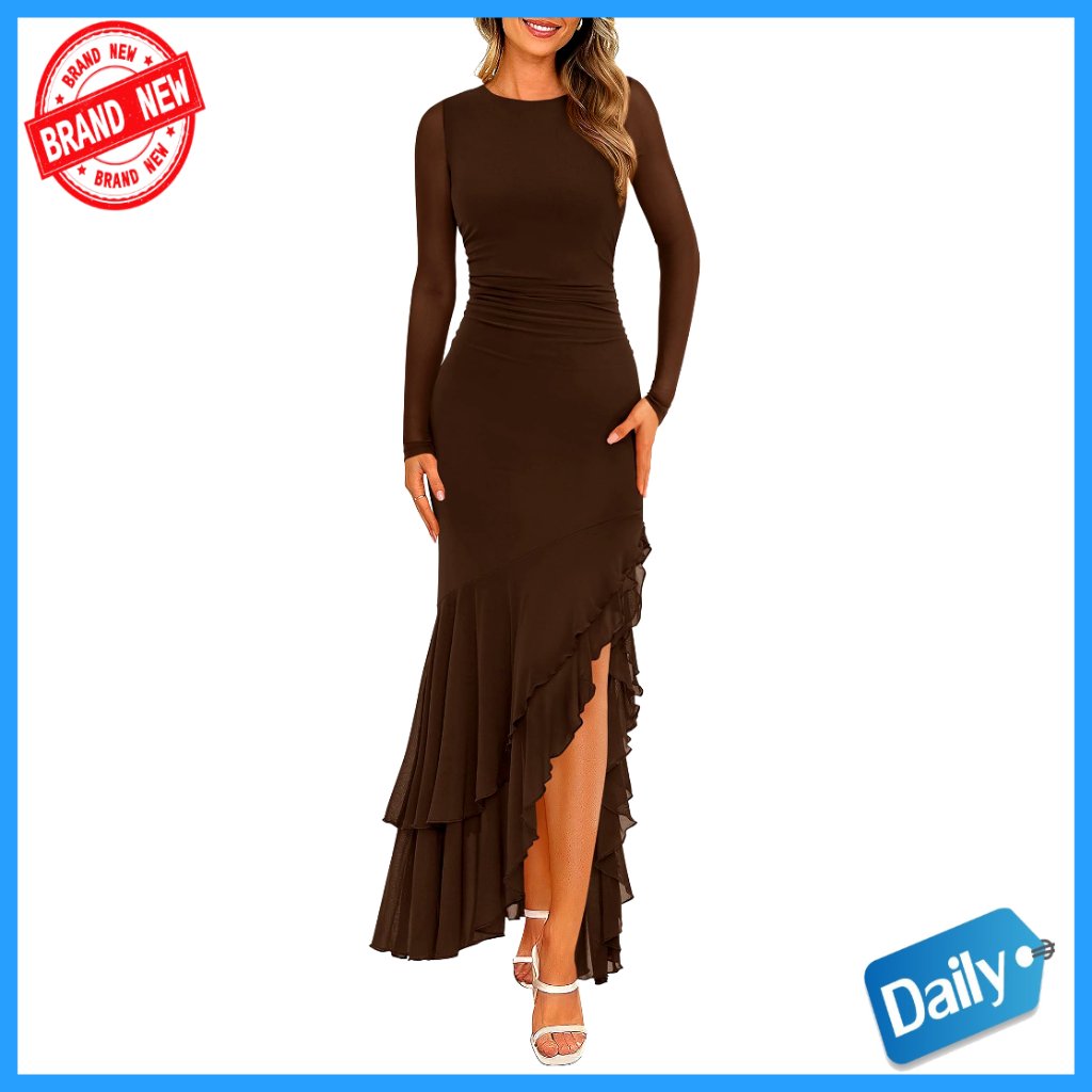 Long Sleeve Maxi Dress Ruched Bodycon Formal Wedding Guest Cocktail
